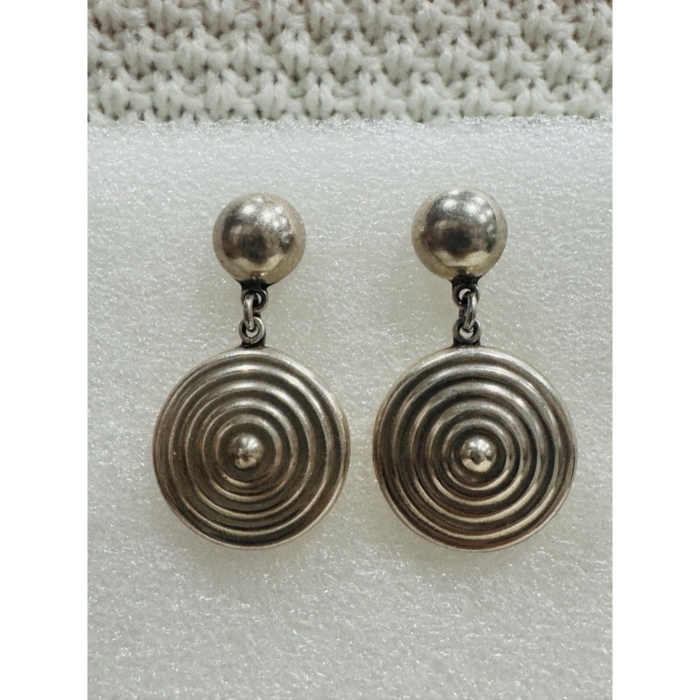 Mexico Sterling 925 Silver Dangle Earrings Concentric Circle Stud Posts
